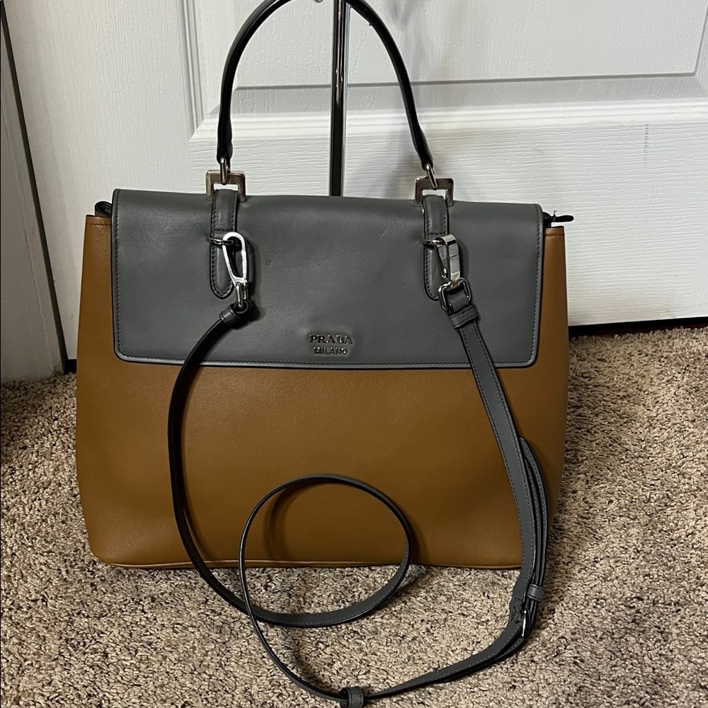 Prada Two-Tone Gray and Brown Leather Tote
